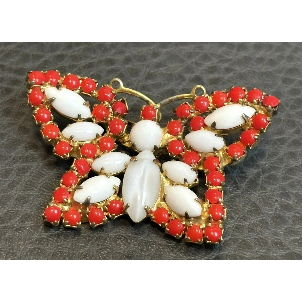 VTG Lot 2 Milk Glass Red Rhinestone Butterfly & Clear Crystal Deco Brooch REPAIR